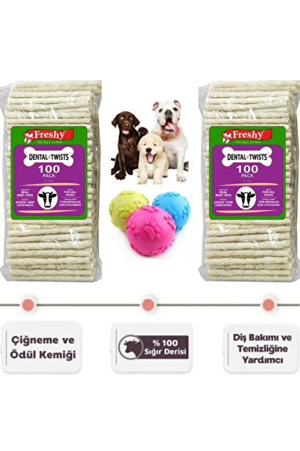 Dental Twists Beyaz Burgu Çubuk 100'lü Mega 2 Paket 1200 gr ve 1 Adet Köpek Isırma Topu