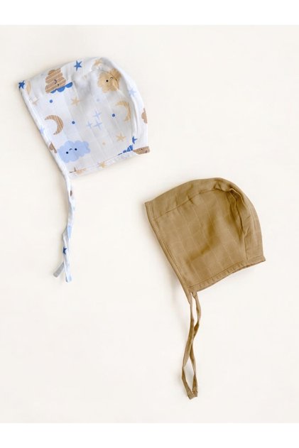 2 Adet Tek Kat Müslin Çift Taraflı Bebek Bonnet Şapka (3-9 AY)
