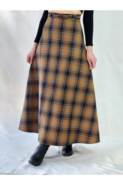Mustard Color Floured Belt Detailed Winter Woven Maxi Skirt