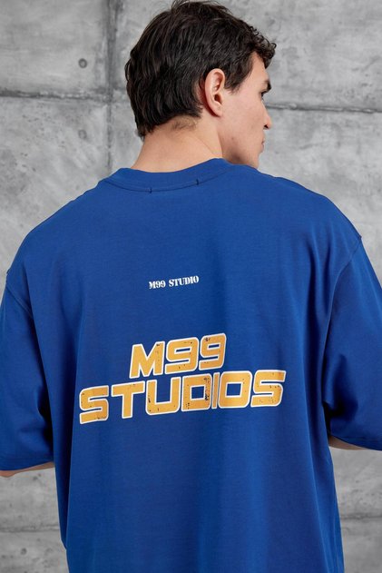 Men's T-Shirt M99 Studio Written Blue Oversize Printed Crew Neck Thick Cotton Fabric
