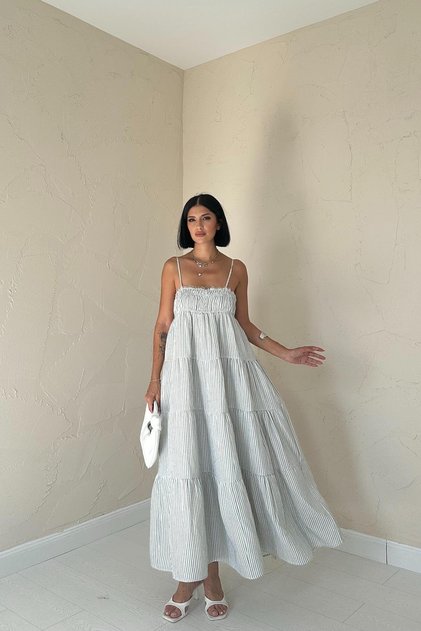 Season Striped Straps Gipe Detailed Muslin Midi Dress