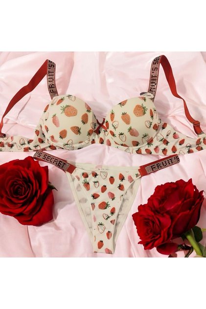 Strawberry Patterned Stoned Padded Women's Bra Set