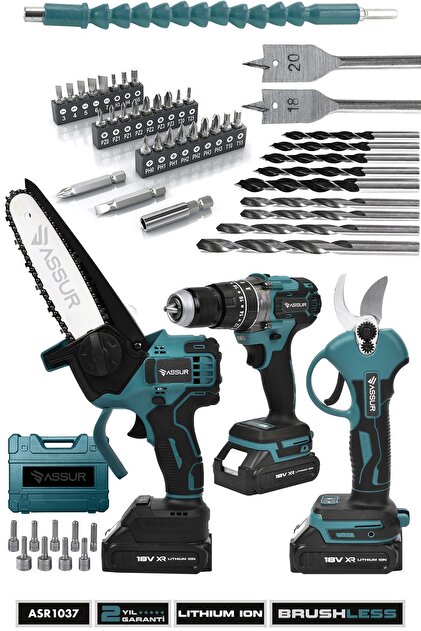 ASSUR 3 Lü Set Kömürsüz Motor Şarjlı Budama Testeresi Şarjlı Budama Makası Şarjlı Matkap