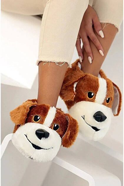 Nisanur Shoes Konfor Plush Slippers with Cute Dog Figures Unisex