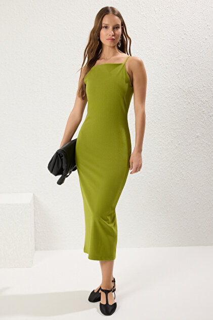 Trendyol Collection Fat Green Square Neck Bodycone/Body Fitting Midi  Knitted Dress Twoss25El00082- Trendyol