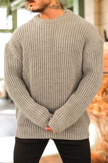 Non-Pilling Oversize Loose Knitwear Sweater Stylish Comfort and Draping Crew Neck Corded Model Sweater