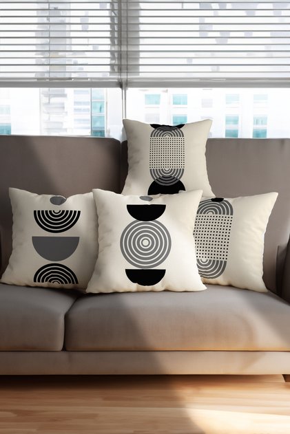 Modern Geometric 4-Piece Throw Pillow Cover Set - Cream, Black Gray Color Decorative Gift