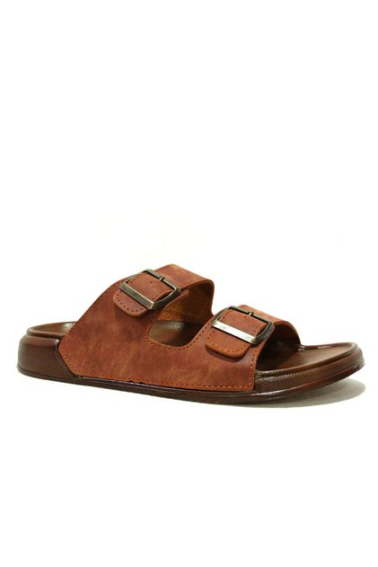 Tan Brown Double Buckle Anatomical Comfort Slippers