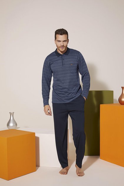 9213 Erkek Rahat Polo Yaka %100 Pamuklu Uzun Kollu Pijama Takım