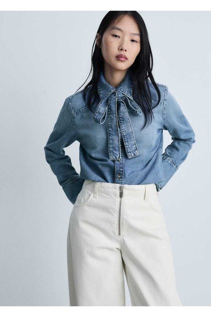 Bağ detaylı denim gömlek