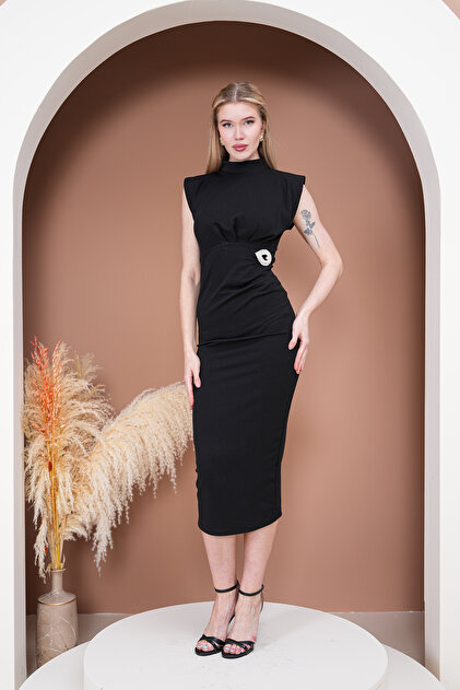 Varyete Midi Length Padded Draped Dress with Brooches - For Wedding,  Engagement, Promise Graduation- Trendyol