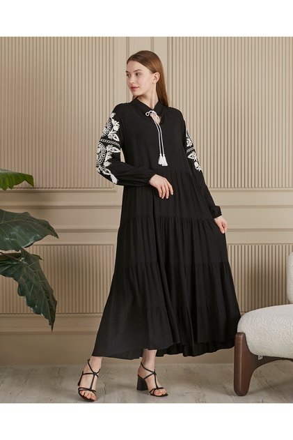 Women's Black Placket Collar Sleeves Ethnic Authentic Embroidery Detailed Long Sleeve Long Dress