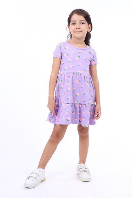 Girl's Crew Neck Full Strawberry Print Dress
