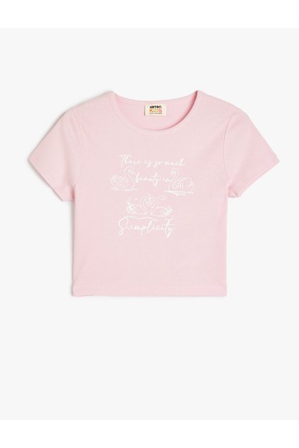 Cotton Crew Neck Short Sleeve Slogan Printed Crop T-Shirt