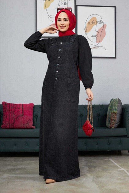 2225-Denim Yan C Pocketed Salopet Skirt Black