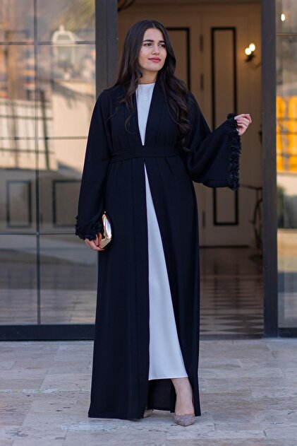 MELEK ARAZ Siyah Kolu Çiçek Detaylı Zahra Abaya - Fiyatı, Yorumları