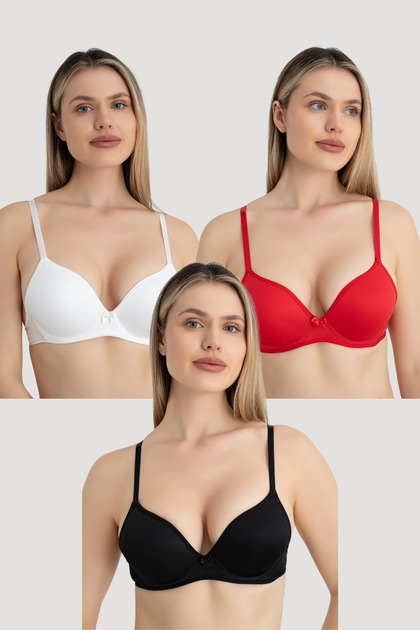 Women's padded underwire bra 3-piece set black white red