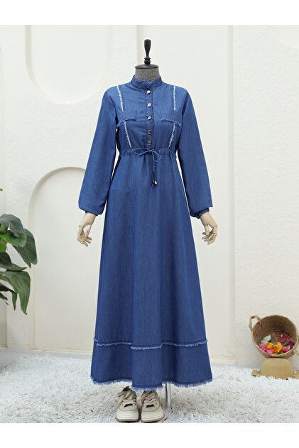 Modamorfo Half Button Tassel Detail Tunnel Lace up Denim Dress -Indigo-  Trendyol