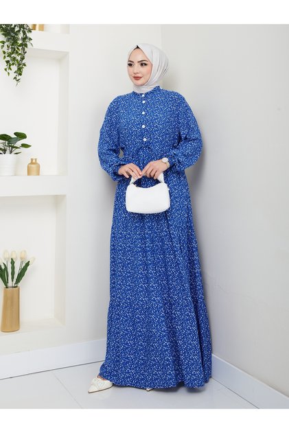 Floral Viscose Dress with Button Detail - Blue / E0123