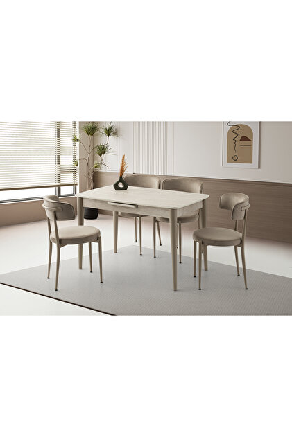 Milano Sidon Desen Açılır 120X70 Masa 4 Adet Babyface Metal Gözde Sandalye Masa Takımı