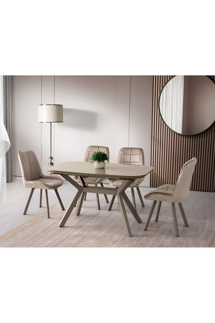 Valentin Cappucino HG Açılır 130X80 Masa Riva 6 Adet Vizon Babyface Kumaş Sandalye Masa Takımı
