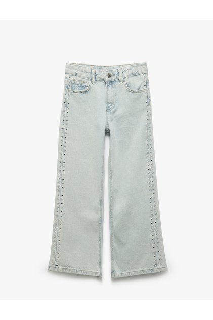 Cotton Stone Detailed Wide Leg Denim Trousers