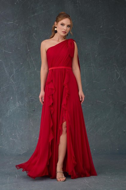 Red Chiffon One-Shoulder Long Evening Dress