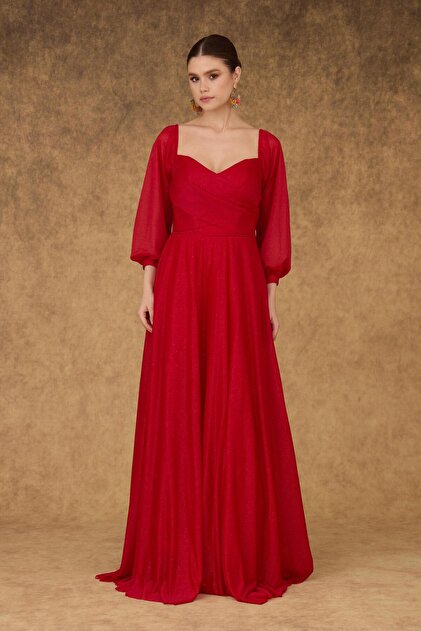 CARMEN Red Lurex Collar Long Sleeve Engagement Dress- Trendyol