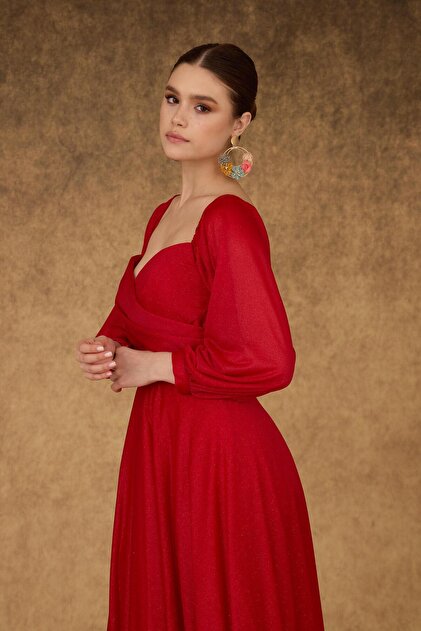 CARMEN Red Lurex Collar Long Sleeve Engagement Dress- Trendyol