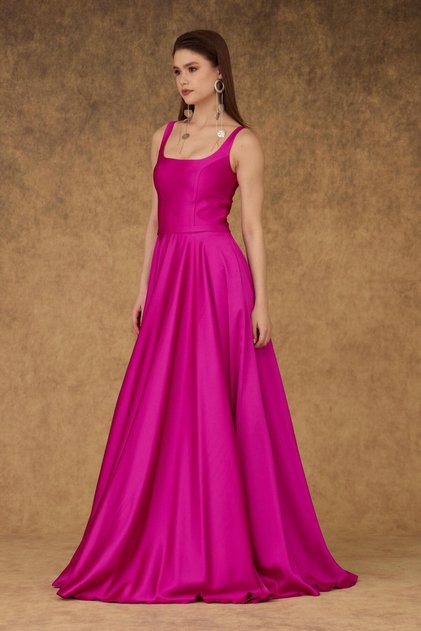 Rochie de seara din satin cu decolteu patrat fucsia