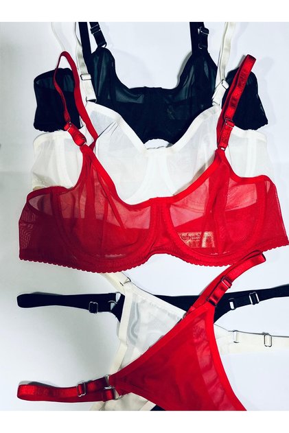 Black Ecru and Red Color Embroidered Tulle Bra Set Set of 3