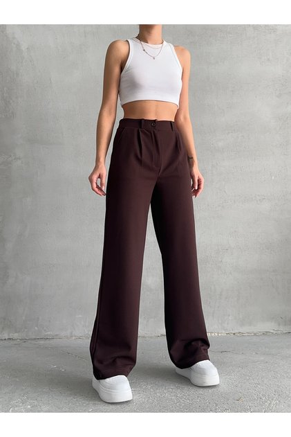 Women's Brown Pleated Loose Palazzo Trousers