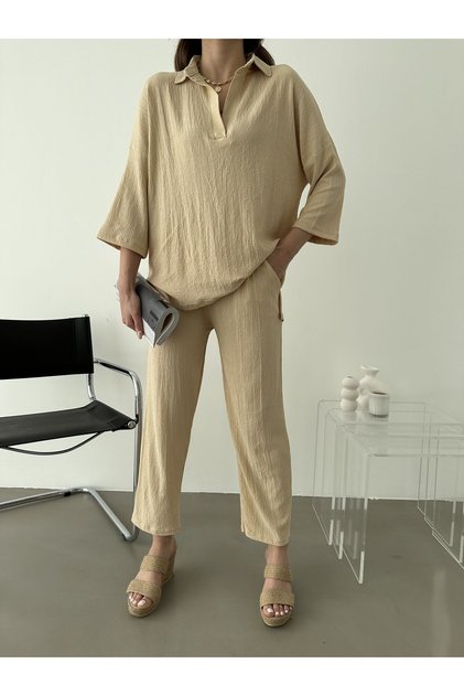Women's Beige Polo Neck Top Trousers Double Set