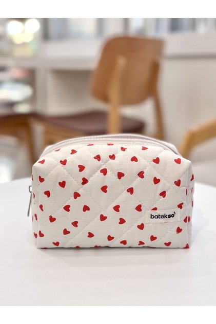 Red Heart Patterned Makeup Bag - Medium Size