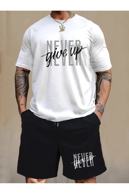 Never Give up Printed Unisex T-Shirt Shorts Bottom Top Suit