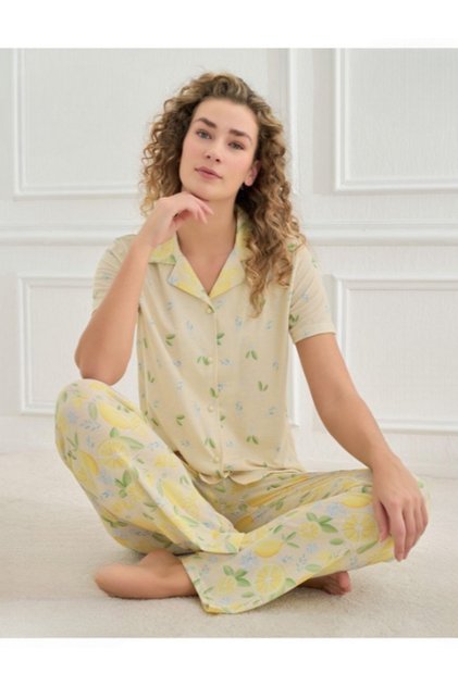 Yellow Lemon Patterned Front Buttoned Short Sleeve Women's Pajamas