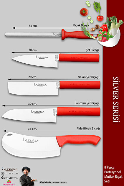LAZBİSA Silver Pro Serisi Mutfak Bıçak Seti 9 Parça Et Ekmek Sebze