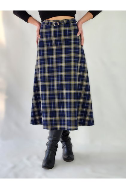Dark Blue Plaid Belt Detailed Winter Woven Midi Skirt