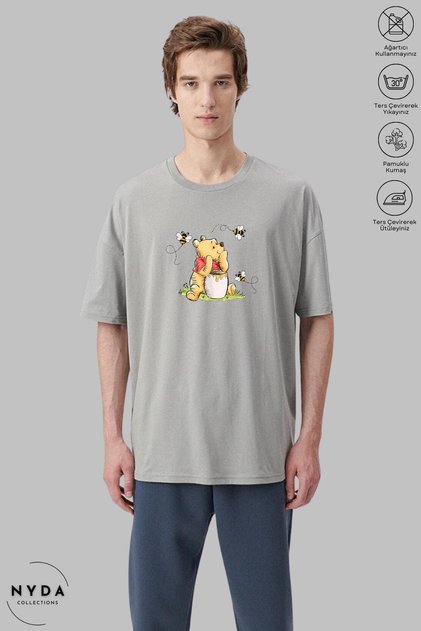 Unisex Crew Neck Winnie the Pooh Printed Cotton Oversize Short Sleeve T-Shirt