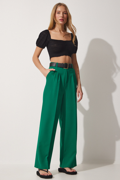 Wide Leg Masculine Woven Trousers Green Lhg0001