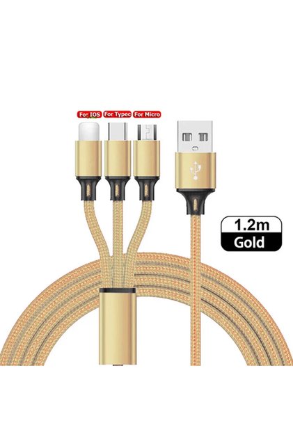 1.2 متر لكابل شحن سريع 3 في 1 ذهبي من Lovebay 3 في 1 USB من النوع C Micro Ios كابل شاحن متعدد لأجهزة I