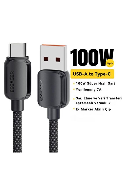 3 Metre 7A 100W E-Marker Süper Hızlı USB To Type C Şarj Data Kablosu, Akım,Isı, Güçlü Kablo
