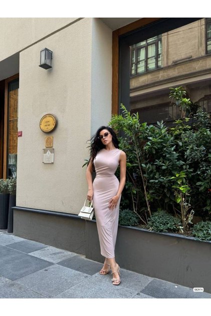 Women's Beige Midi Length Slit Sandy Fabric Dress Wedding Engagement Homecoming Dress