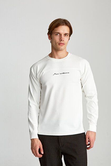 Erkek Slim Fit Jakarlı Kumaş Quick Life Baskılı Uzun Kollu Beyaz Renk T-Shirt