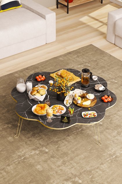 90 Cm Gold Beyaz Mermer Desenli Ahşap Katlanabilir Papatya Yer Sofrası, Yer Masası, Yemek Masası