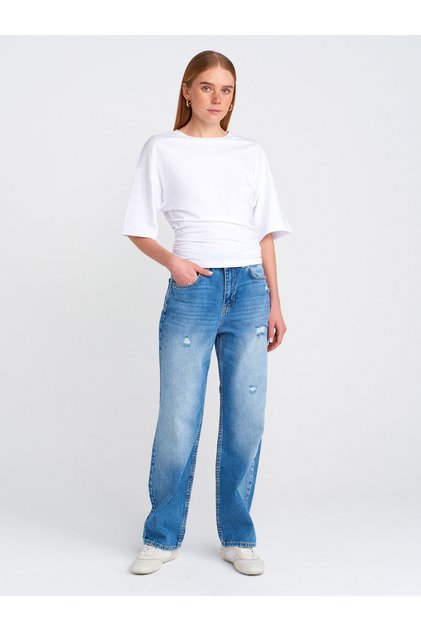 71781 100% Cotton Small Ripped Denim Mom Jeans