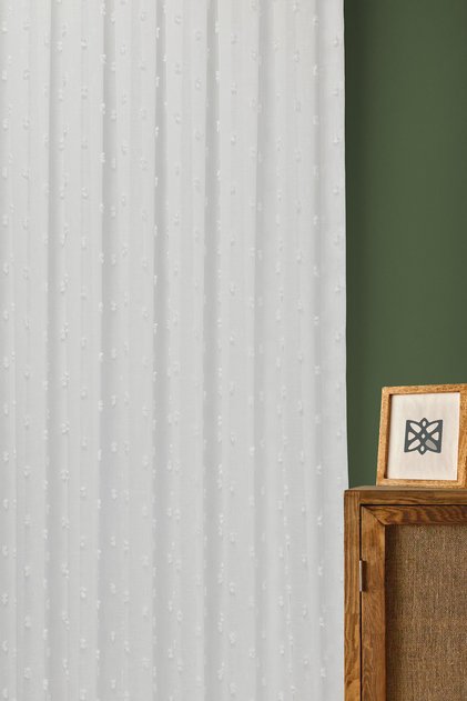 Tulle Curtain - Scandinavian Series Bohemian Pompom Pattern Cotton Embroidery on Linen Ground Ecru Dense Pleats (1X3)