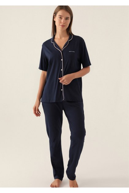 Women's Navy Blue Cotton Modal Full Length Short Sleeve Boxed Pajama Set Q8.U.8O.K2.K.A6.P.C