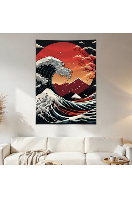 Japanese Wave Wall Drape Wall Tapestry First Quality Satin Fabric Poster