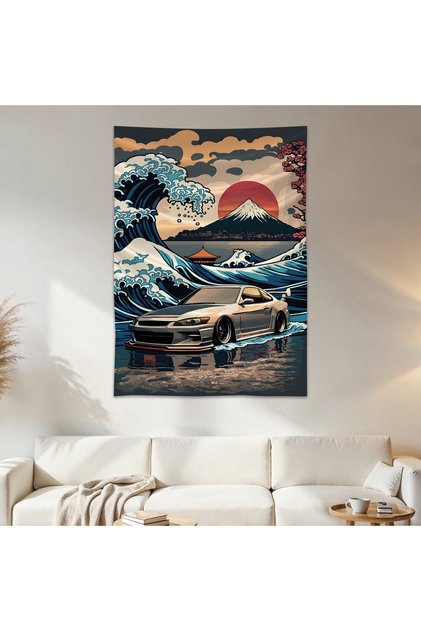 Jdm Car and Wave Wall Cloth Wall Tapestry First Quality Satin Fabric Poster